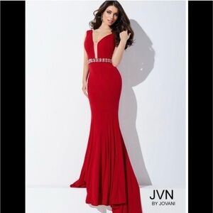 New NWT Jovani #JVN36020 Red crystals waist fitted formal pageant gown maxi sz 6